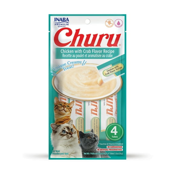 INABA Churu Creamy, Lickable Purée Cat Treat w Taurine, 0.5 oz, 4 Tubes, Chicken with Crab Recipe