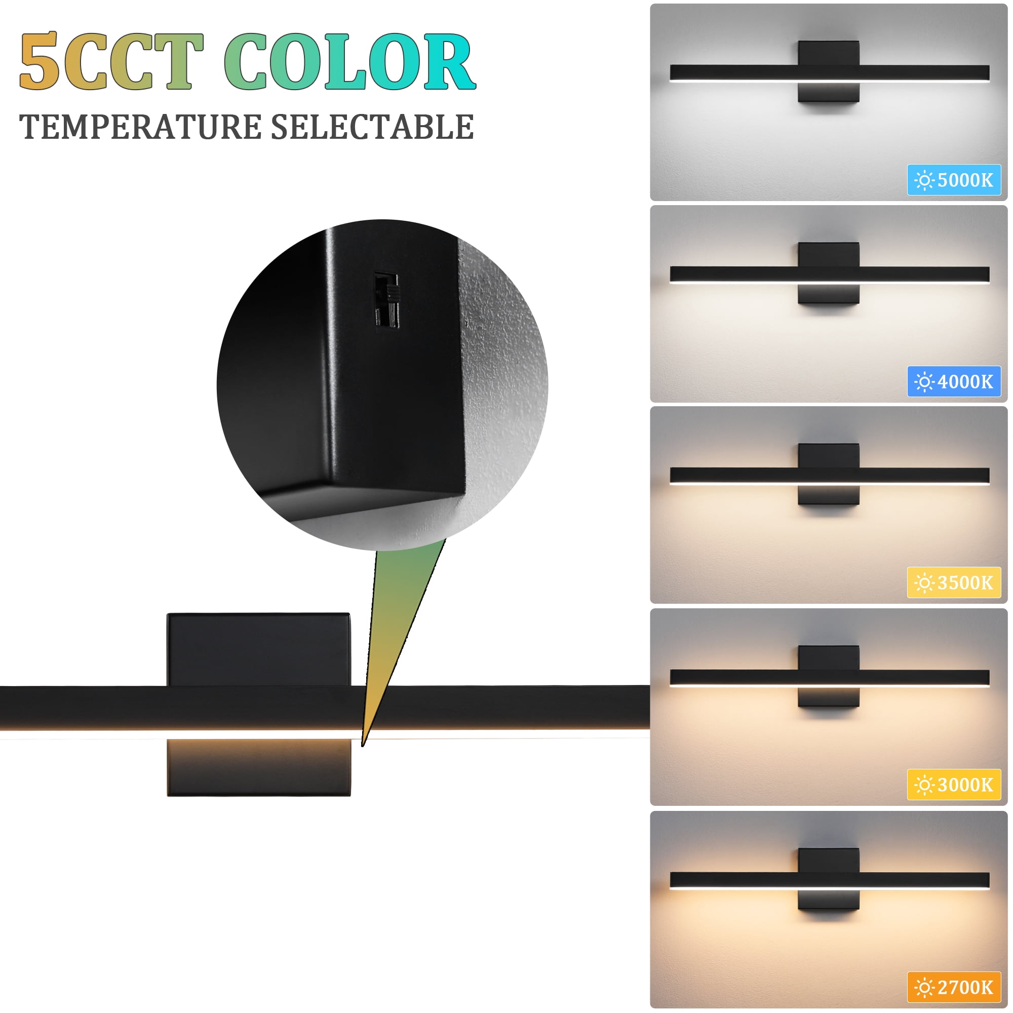Minimalist Linear LED Modern Lighting Fixtures 24'' Bathroom Black Vanity Light Dimmable Over Mirror Wall Sconce for Bathroom