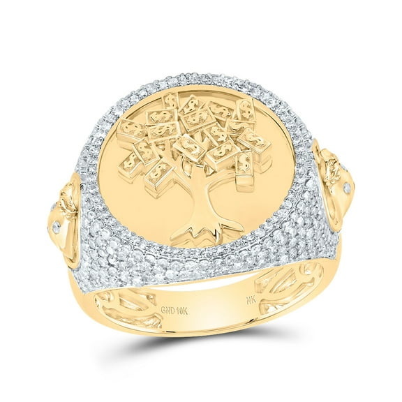 10kt Yellow Gold 1 1/5 Cttw Diamond Money Tree Mens Ring, Men Size: 8-12
