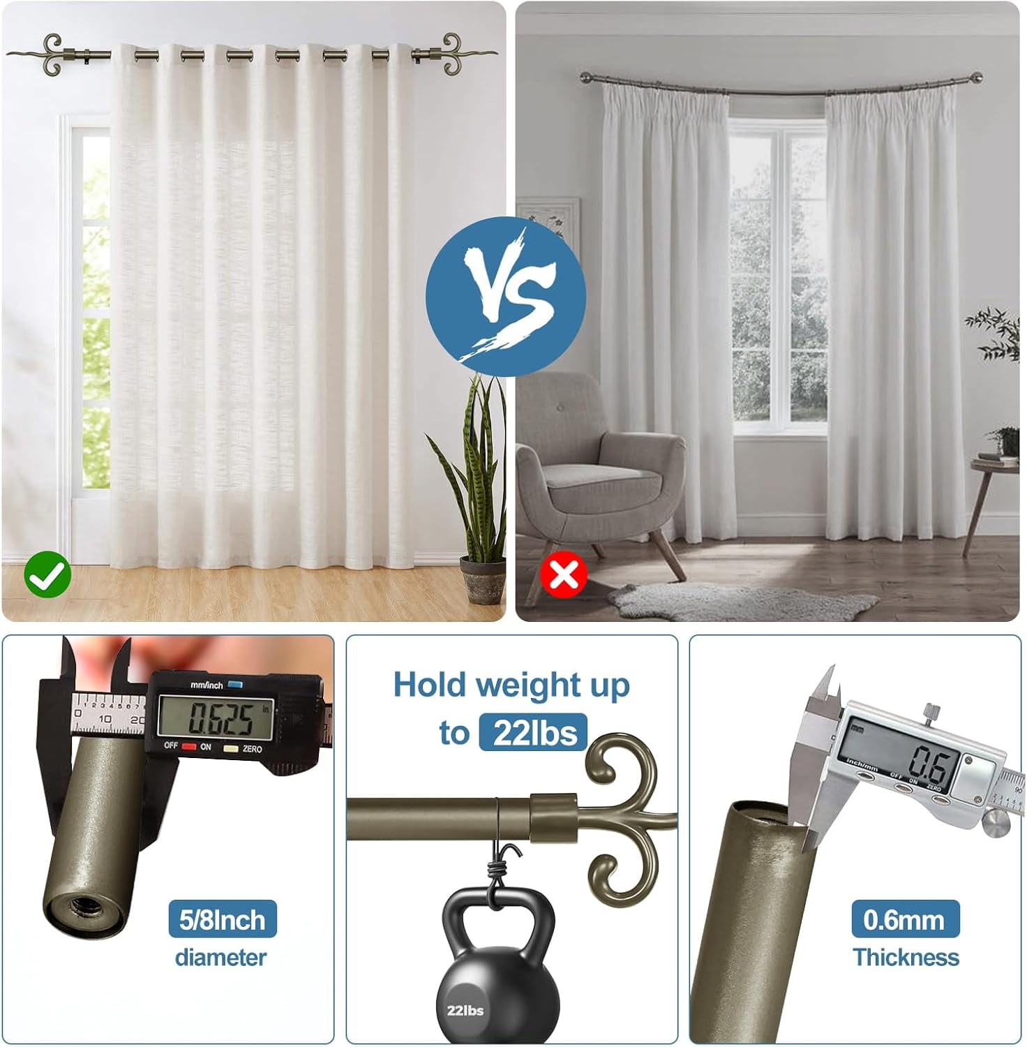 Urbanest Adjustable Single Curtain Rod Set With Flame Finials – 5/8-Inch Diameter, Antique Gold, 84–120 Inches