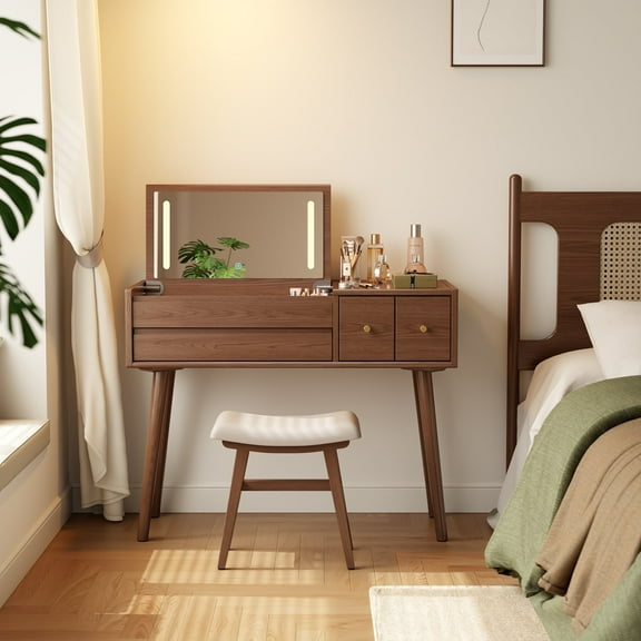 Muwuele Makeup Vanity Table with Mirror and 3 Lighting Modes, 40 Inch Large Dressing Table Set with 4 Drawers, Solid Wood Vanity Desk for Bedroom (Walnut)