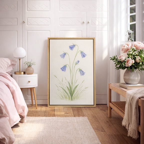 Framed Canvas Wall Art Blue Bellflower Botanical Print for Living Room Decoration - 16"x24" NATURAL