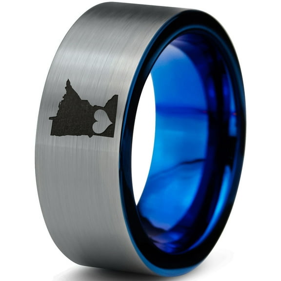 Tungsten Minnesota North Star State Heart Band Ring 8mm Men Women Comfort Fit Blue Flat Cut Brushed Gray Polished