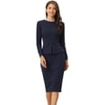 thumbnail image 2 of Vestido ceñido al cuerpo para mujer, cuello redondo, manga 3/4, Peplum, vestido para trabajar en la oficina Azul Marino XS, 2 of 2