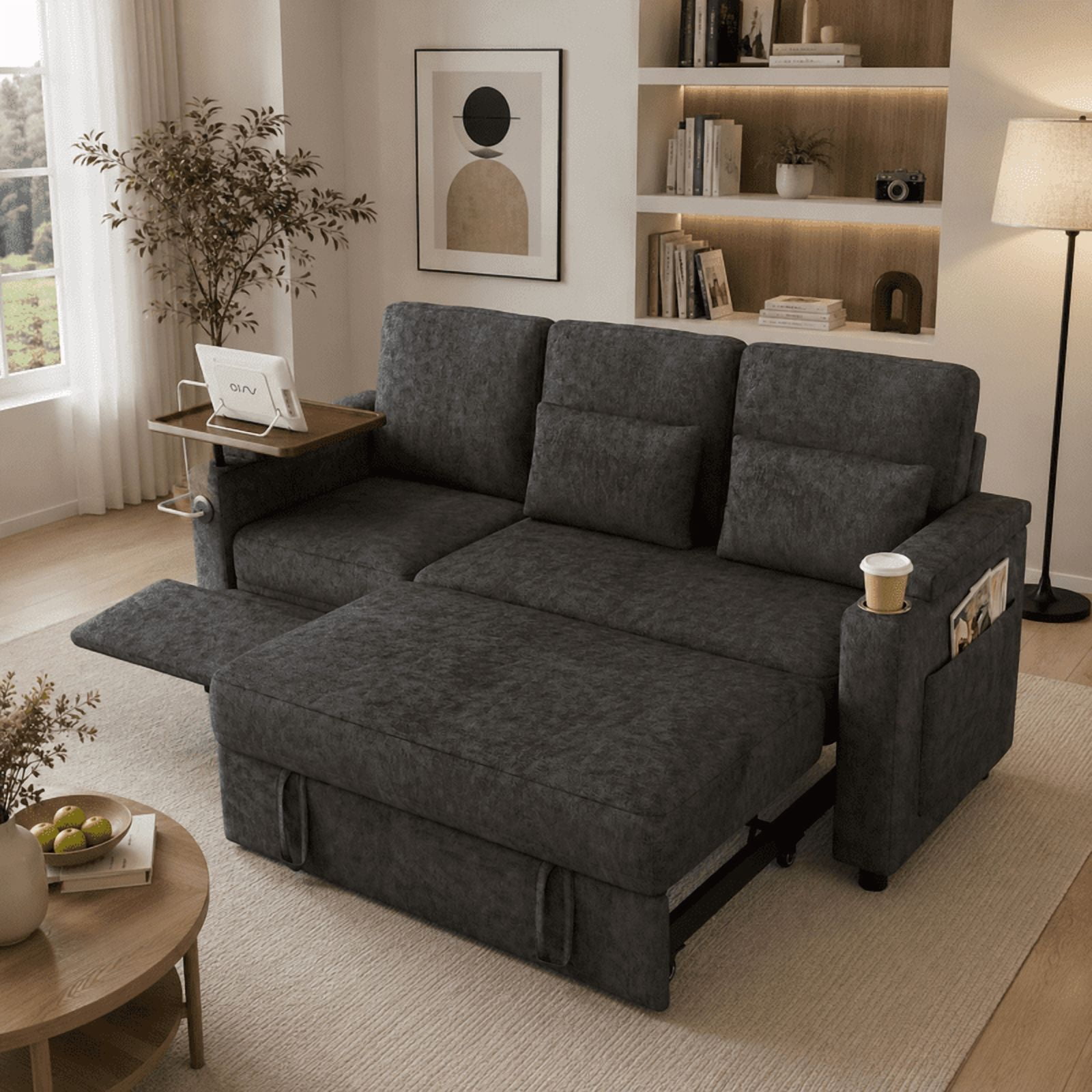 3-in-1 Convertible Sofa Bed, 3-Seater Chenille Couch with Adjustable Backrest, USB Charging Ports, Table Board and Storage Armrests, 81'' Foldable Sleeper Sofa for Living Room