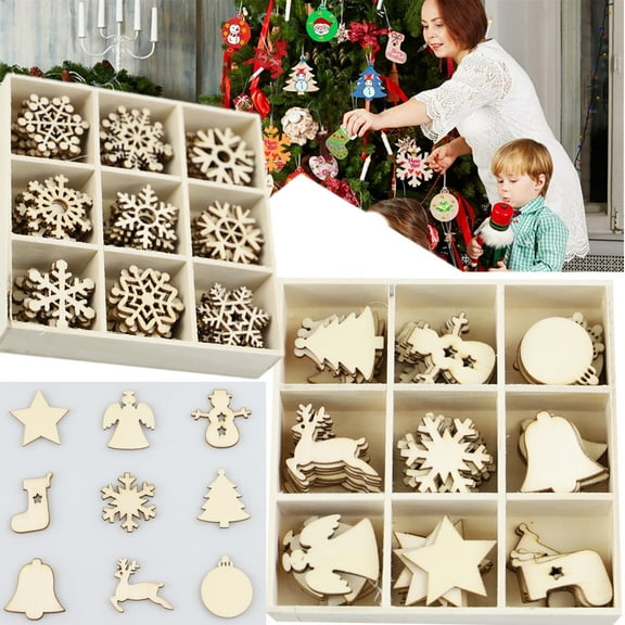 Walbest Gold Wooden Snowflakes Star Bell Hanging Pendant Rustic Decorative Accent Ornaments, 72 Count