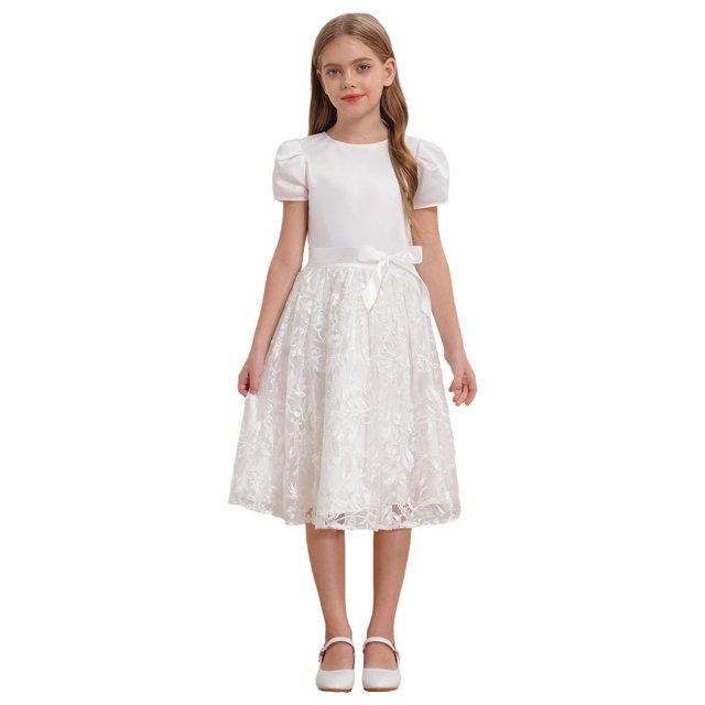 JanJean Robe de Demoiselle d'Honneur à Manches Courtes pour Filles avec Ceinture Broderie Florale Robe Blanche Blanche 14