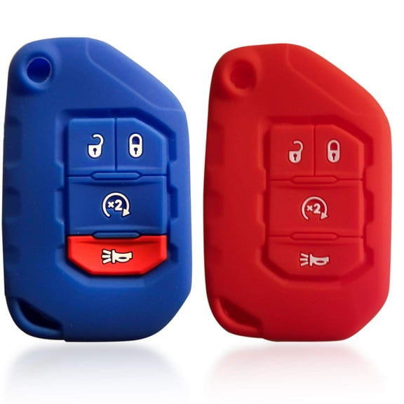 2pcs Dobrev 4 Buttons Flip Silicone Case Protector Cover Skin Rubber Fob Cover Smart Car Remote Holder Fit for 2018 2019 2020 Jeep Wrangler JL L Gladiator JT Keyless Entry Remote Key (red and blue)