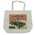 thumbnail image 1 of Cars Shopping Bag, Retro Car and Garage Advertising Poster Style Picture with Grunge Effects 1960s, Eco-Friendly Reusable Bag for Groceries Beach and More, 15.5" X 14.5", Cream, by Ambesonne, 1 of 2