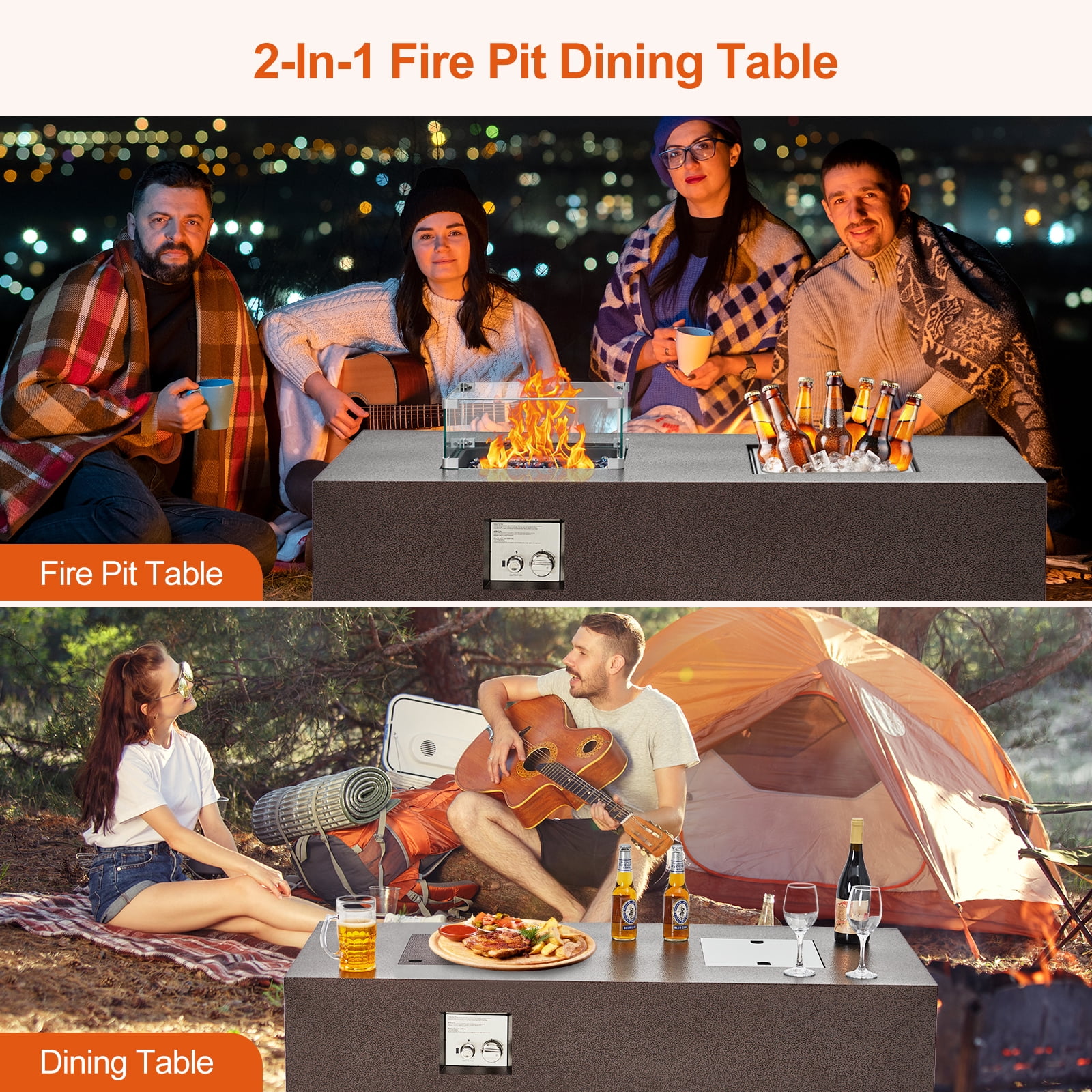 Outdoor Propane Gas Fire Pit Table, 50000 BTU Firepit with Wind Guard, Rain Cover for Outside Patio