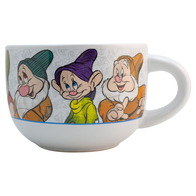 Taza Jumbo Bitono de Cerámica, Diseño 7 Enanitos de Blanca Nieves, Disney Clásicos, Capacidad 820 ml, Color Blanco