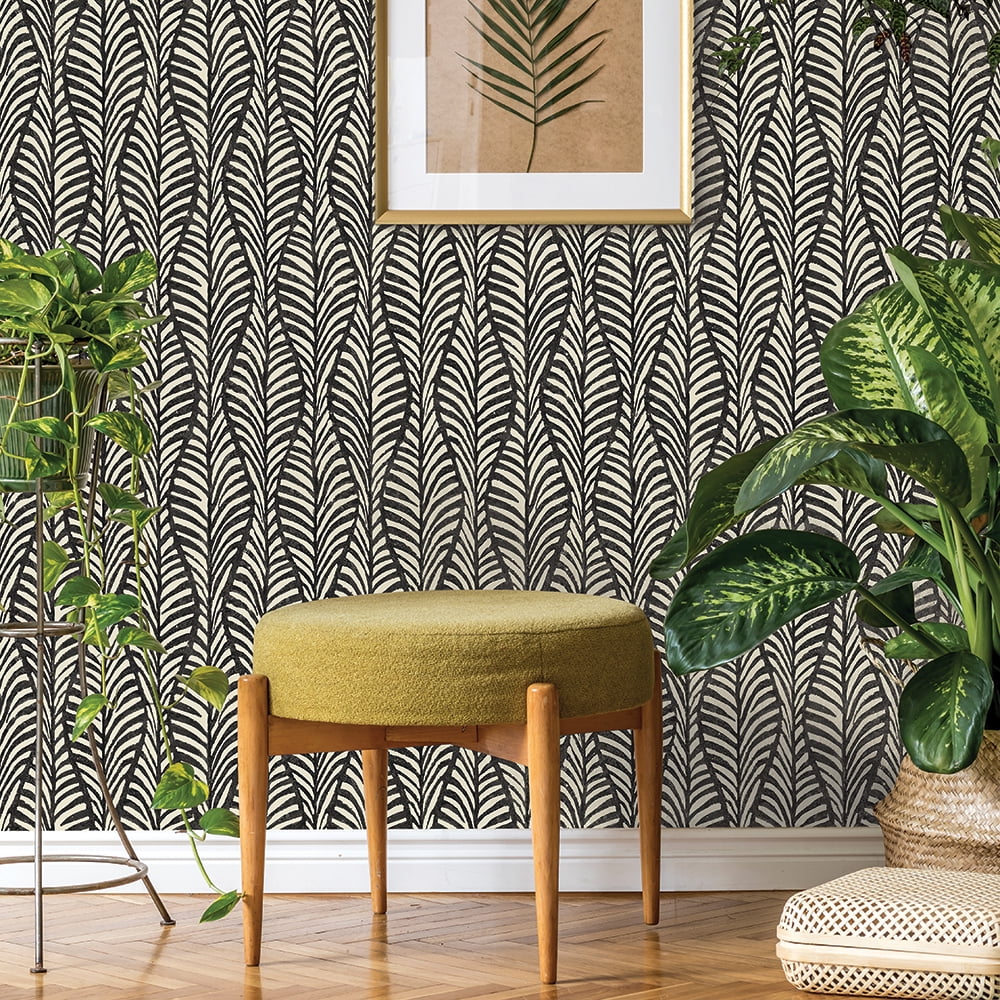 Tempaper Block Print Leaves Black Peel and Stick Wallpaper, 20.5" x 16.5'