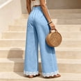 thumbnail image 6 of Women's Lightweight Lace Hem Beach Pants Ruffle Elastic Waist Wide Leg Palazzo Pants Textured Summer Pockets Casual Pants Fashion Bottoms Blue, 6 of 7