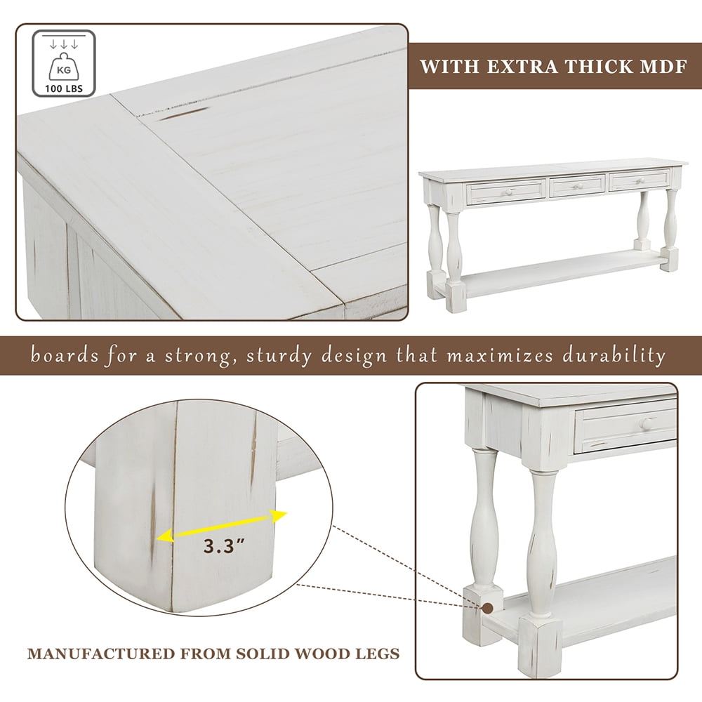 Kepooman 64"Long Cabinet Sofa Table, Storage Cabinet with Drawers and Shelf, Easy Assembly Entryway Table for Hallway and Living Room, Antique White Kepooman 64"Long Cabinet Sofa Table, Storage Cabinet with Drawers and Shelf, Easy Assembly Entryway Table for Hallway and Living Room, Antique White