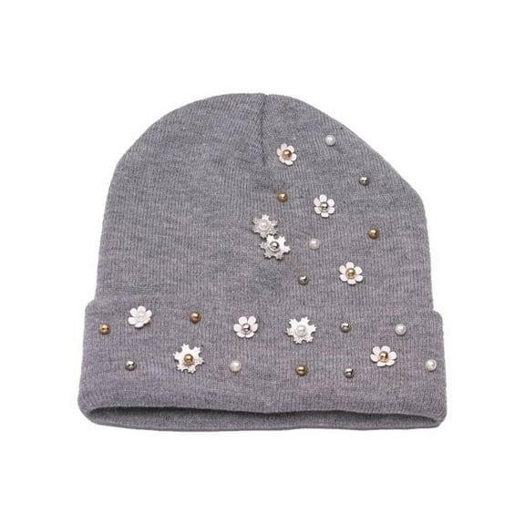 Winter Fashion Floral Studded Cuffed Beanie - Grey