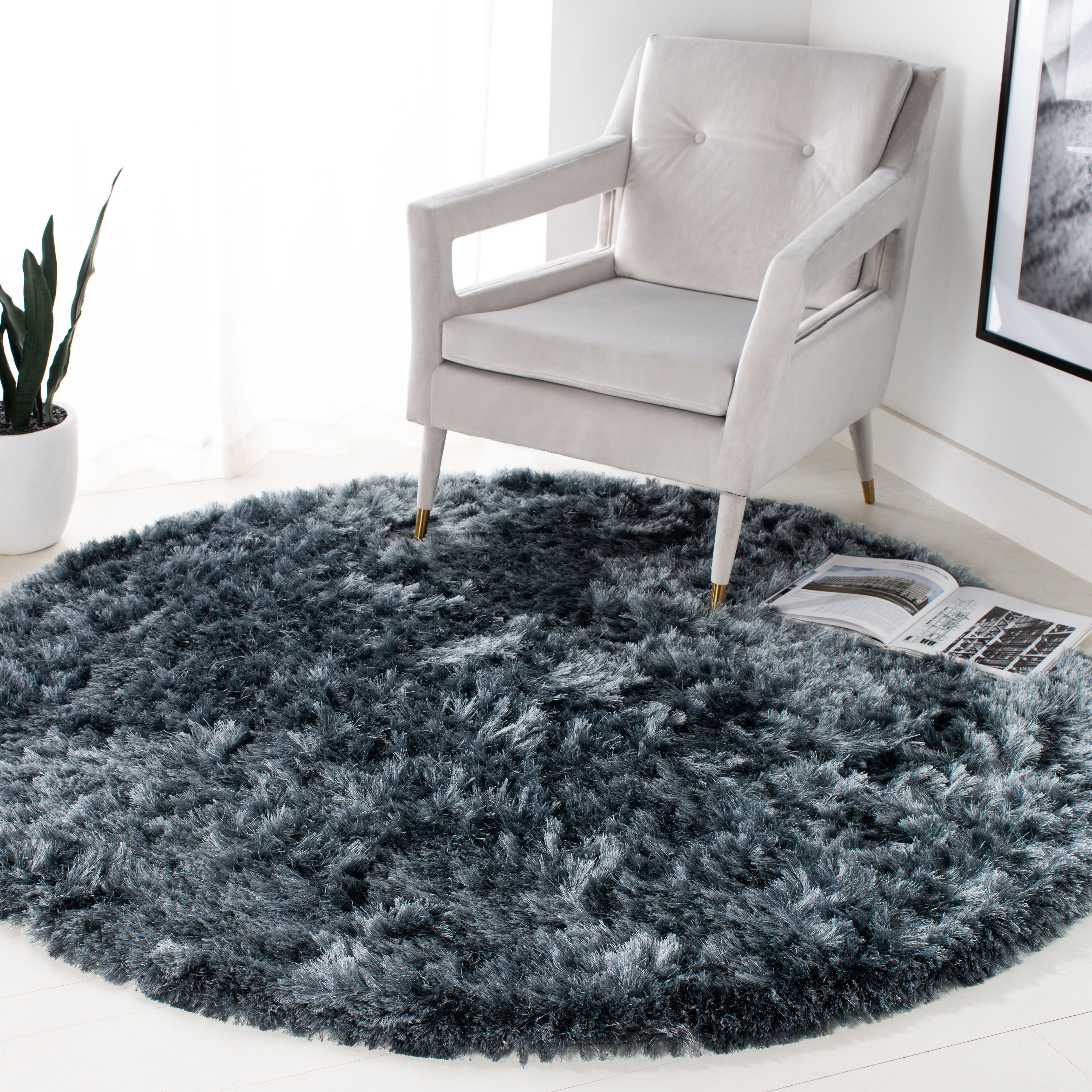 SAFAVIEH Ocean Amyas Solid Shag Area Rug, Slate, 8' x 8' Round