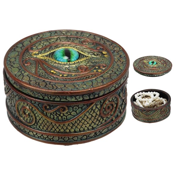 Eye Of The Dragon And Scales Decorative Round Trinket Jewelry Box Figurine 4"Dia