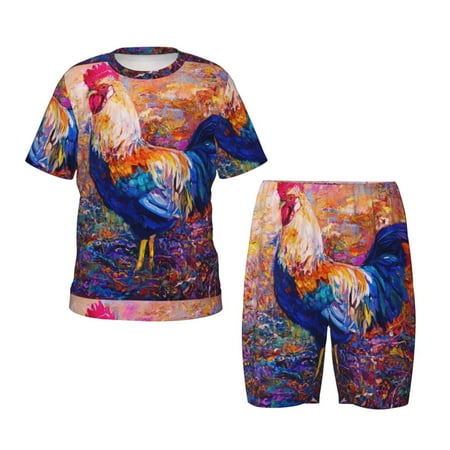 Luyuia Rooster Oil Painting Print Girls  2-Piece Tie-Dye Pajama Set  Cute Summer Loungewear with Shirt and Tank Shorts Nightwear-XX-Large