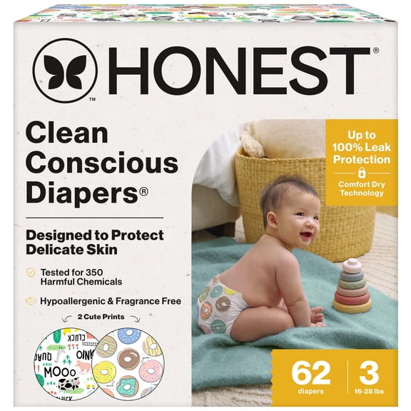 The Honest Company Clean Conscious Diapers® Up to 100% Leak Protection Designed to Protect Delicate Skin Hypoallergenic + Fragrance Free Barnyard Babes + Donuts Grow Up, Size 3, 62 Count