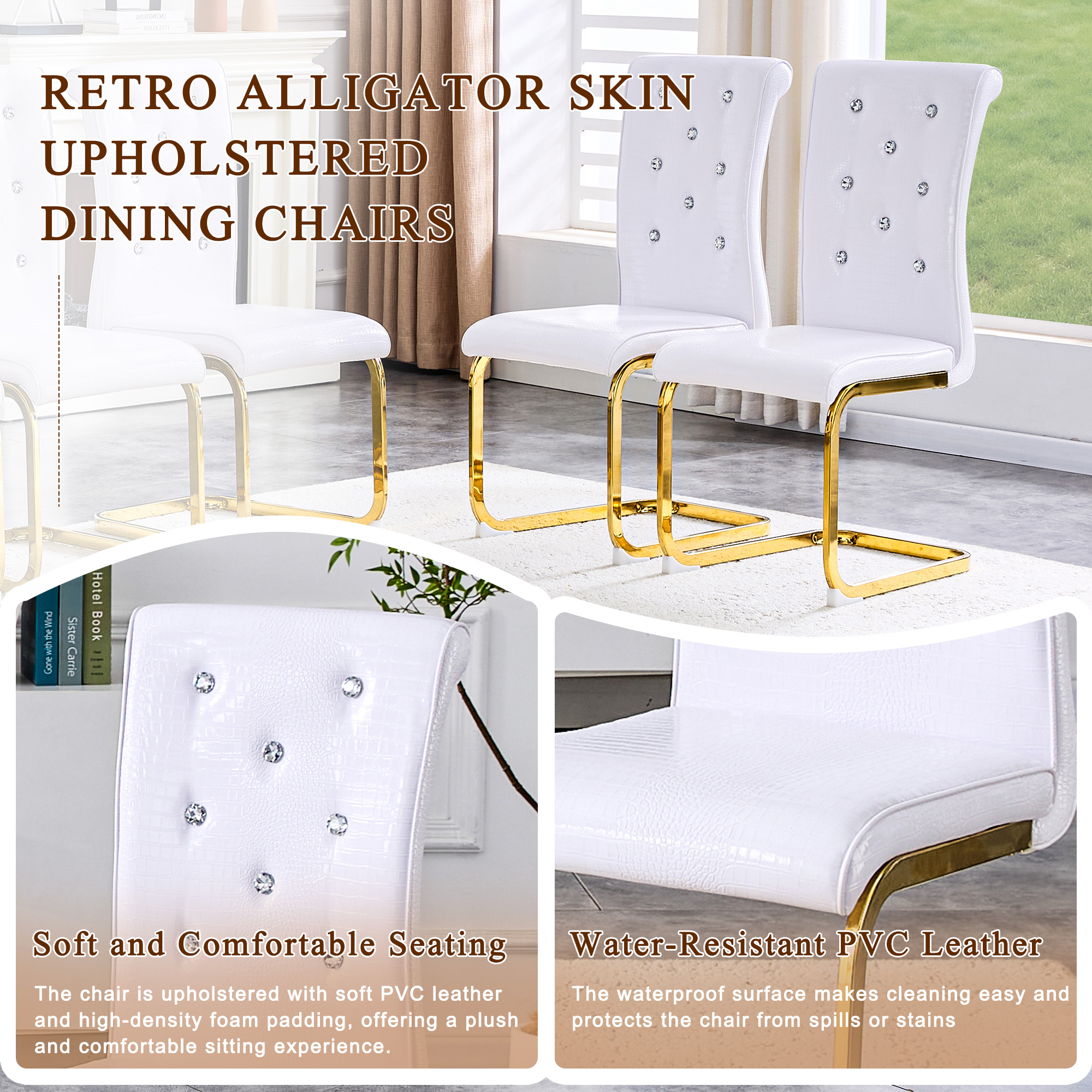 Aukfa Modern Dining Chairs Set of 2 , 400 lbs Heavy-Duty Faux Alligator Leather Kitchen Chairs with Crystal Button Tufted High Back,White