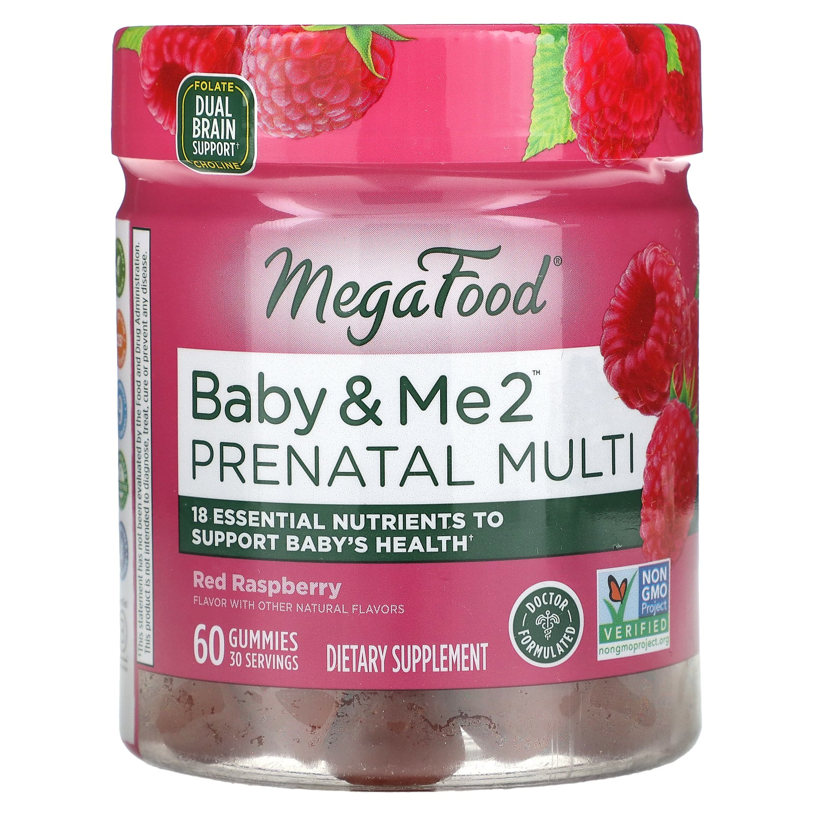MegaFood Baby & Me 2 Prenatal Gummies - Folic Acid & Choline - Raspberry - 30 Servings