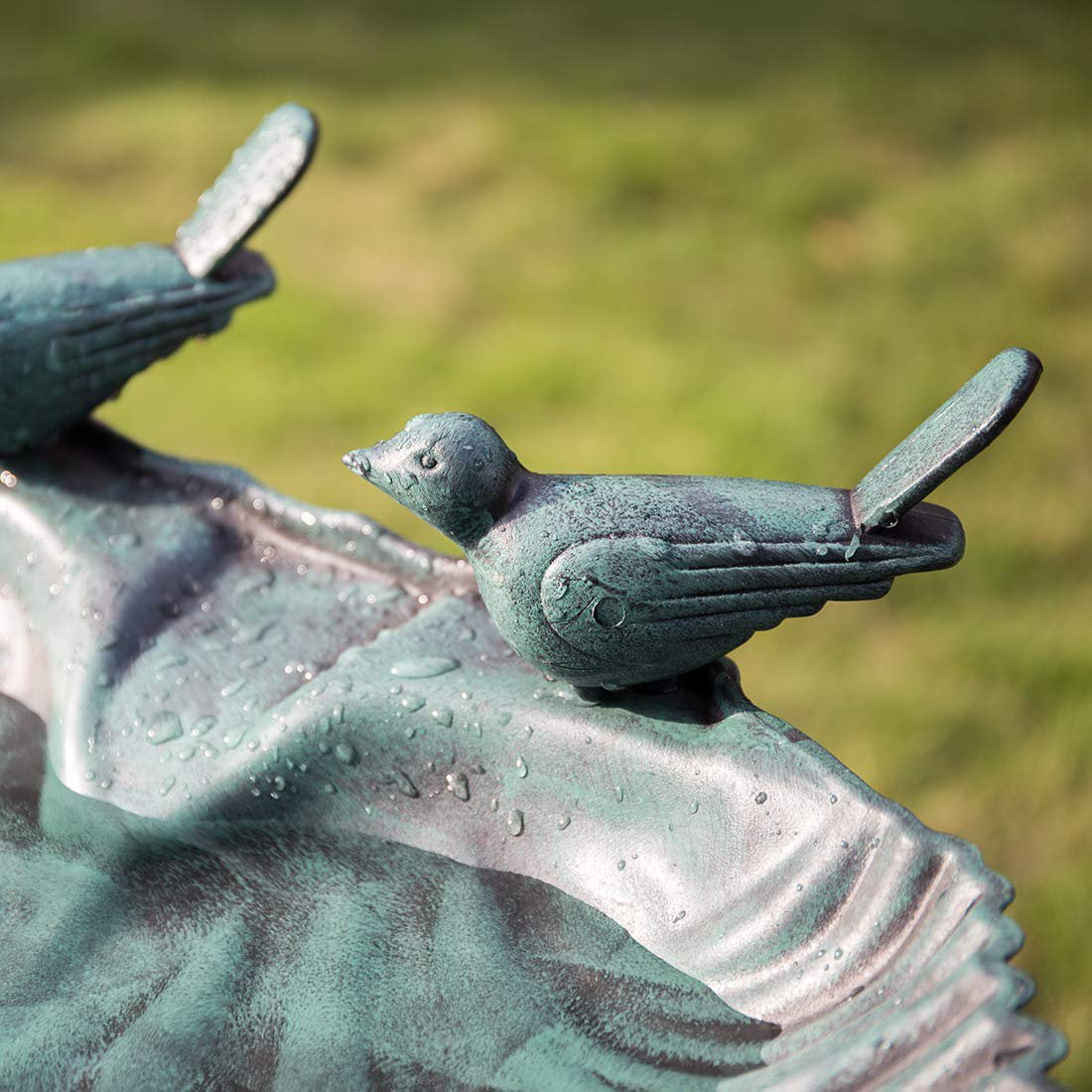 Westcharm 29 Inch Lightweight Poly Resin Outdoor Birdbath for Outside with Decorative Birds and Pedestal Base Stand - Verdigris Green