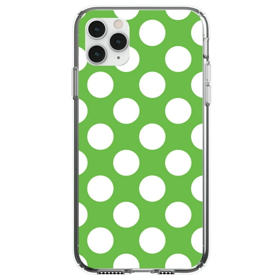DistinctInk Clear Shockproof Hybrid Case for iPhone 11 (6.1" Screen) - TPU Bumper, Acrylic Back, Tempered Glass Screen Protector - White & Green Polka Dots
