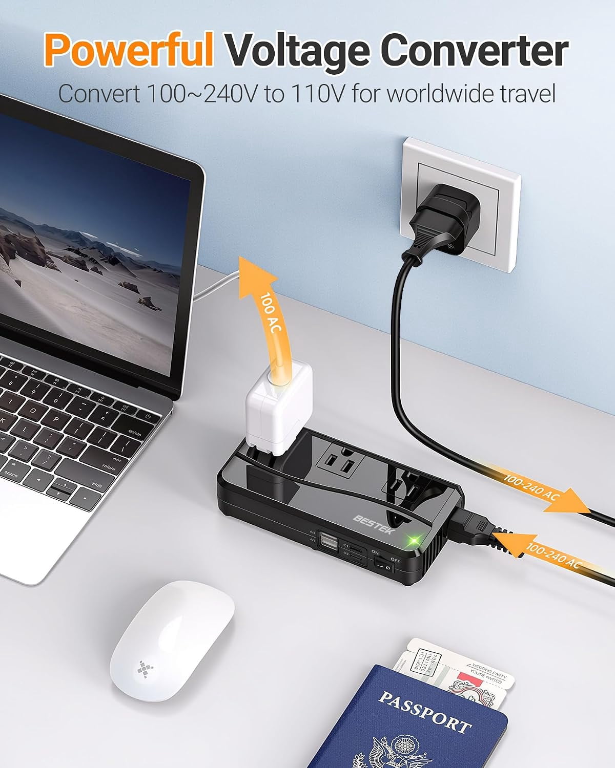 BESTEK 250W Universal Travel Adapter 100-220V to 110V Voltage Converter with 6A 4-Port USB Charging 3 AC Sockets and EU/UK/AU/US/India Plug Adapter (Black)