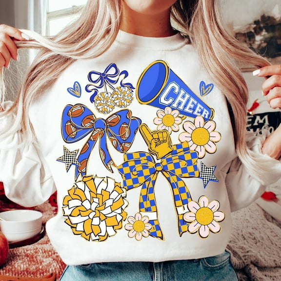 Cheer Coquette Sweatshirt, Blue Gold Cheer Mom Shirt, Cheerleading Sweatshirt, Preppy Cheerleader Coquette Bow Sweatshirt, Cheer Season Sweatshirt