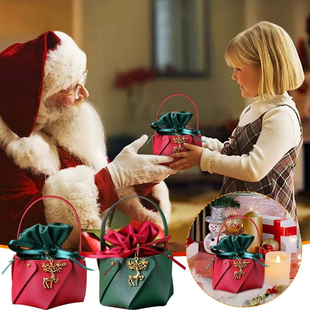 Bolsas de regalo navideñas - Tote de cuero y terciopelo con adorno metálico para decoración navideña y embalaje de caramelos de fruta