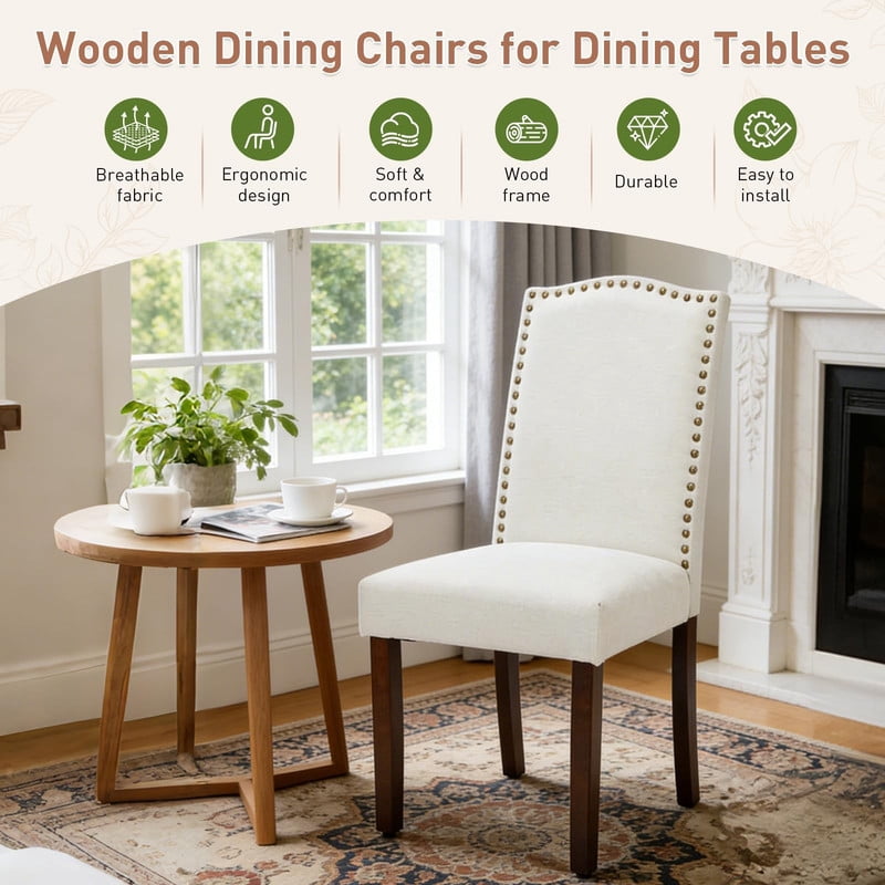BEAUTYPEAK Dining Chairs Set of 2 Upholstered Parsons Chairs with Nailhead Trim Padded Linen Seats and Wood Legs, Beige