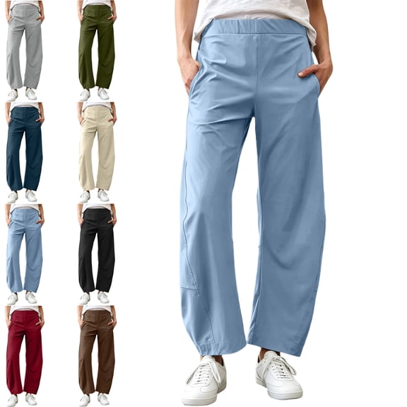 MLCDZ Women Barrel Travel Hiking Pants Elastic Waistband Tapered Leg Baggy Lightweight Loose Mid Rise Work Vacation Trousers Lounge Pant with Pockets