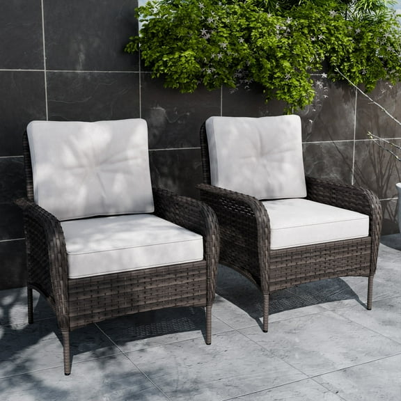 COOS BAY Set of 2 Patio Wicker Rattan Dining Armchair with Beige Cushion for Patio, Deck, Porch, Dark Brown