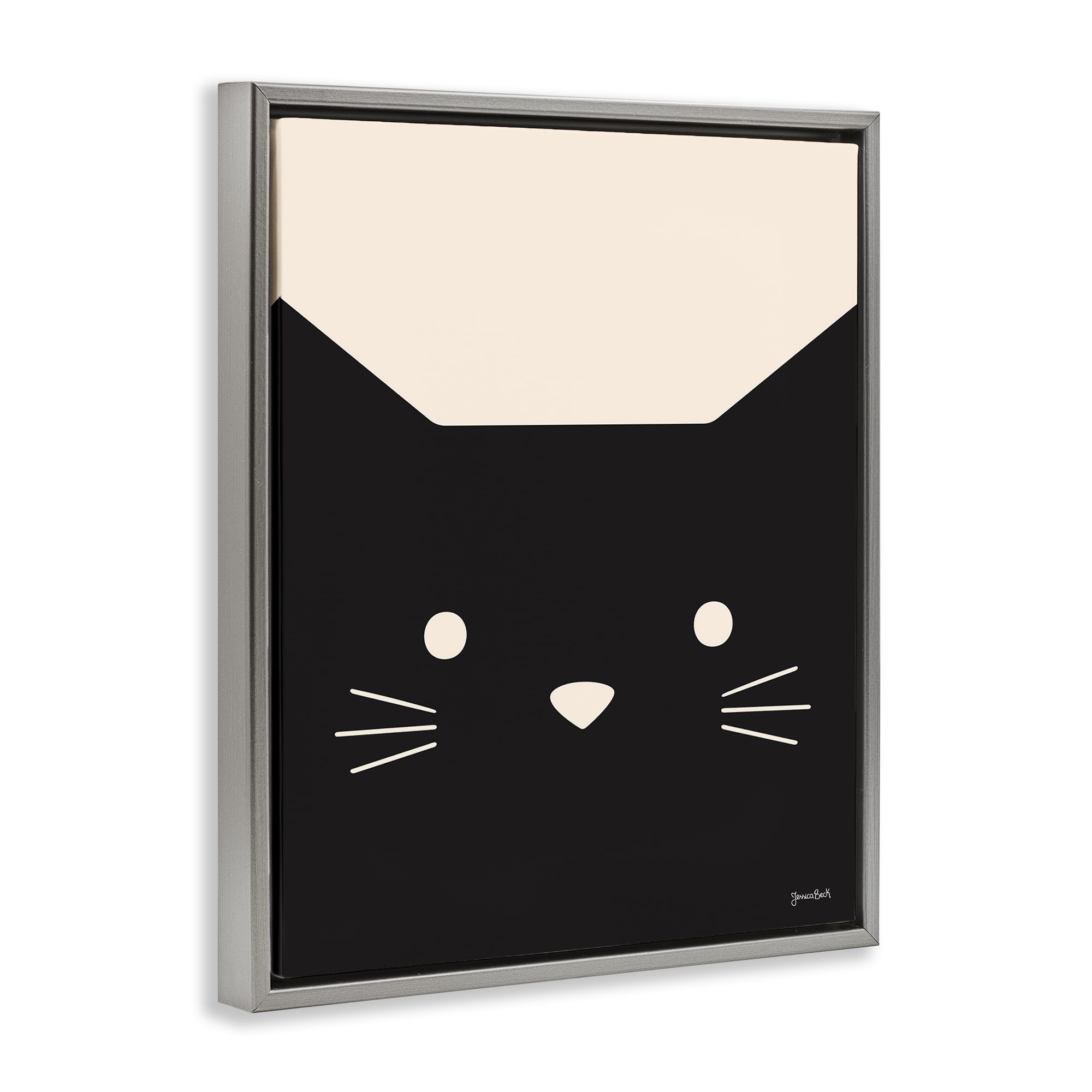Stupell Industries Black Cat Close Up Animals Painting Gray Floater Framed Canvas Art Print Wall Art, 25 x 31