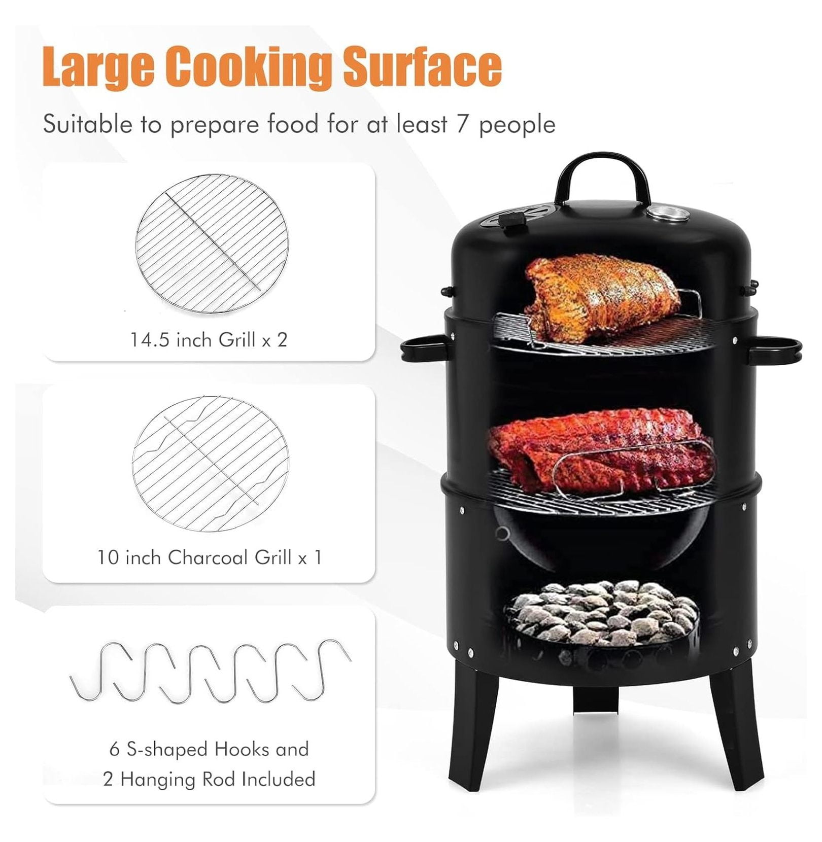 3-in-1 Charcoal Smoker Grill, Outdoor Vertical Charcoal Smoker with Built-in Thermometer & Adjustable Vent System, 2-Layer Separable BBQ Grills for Camping & Family Cooking