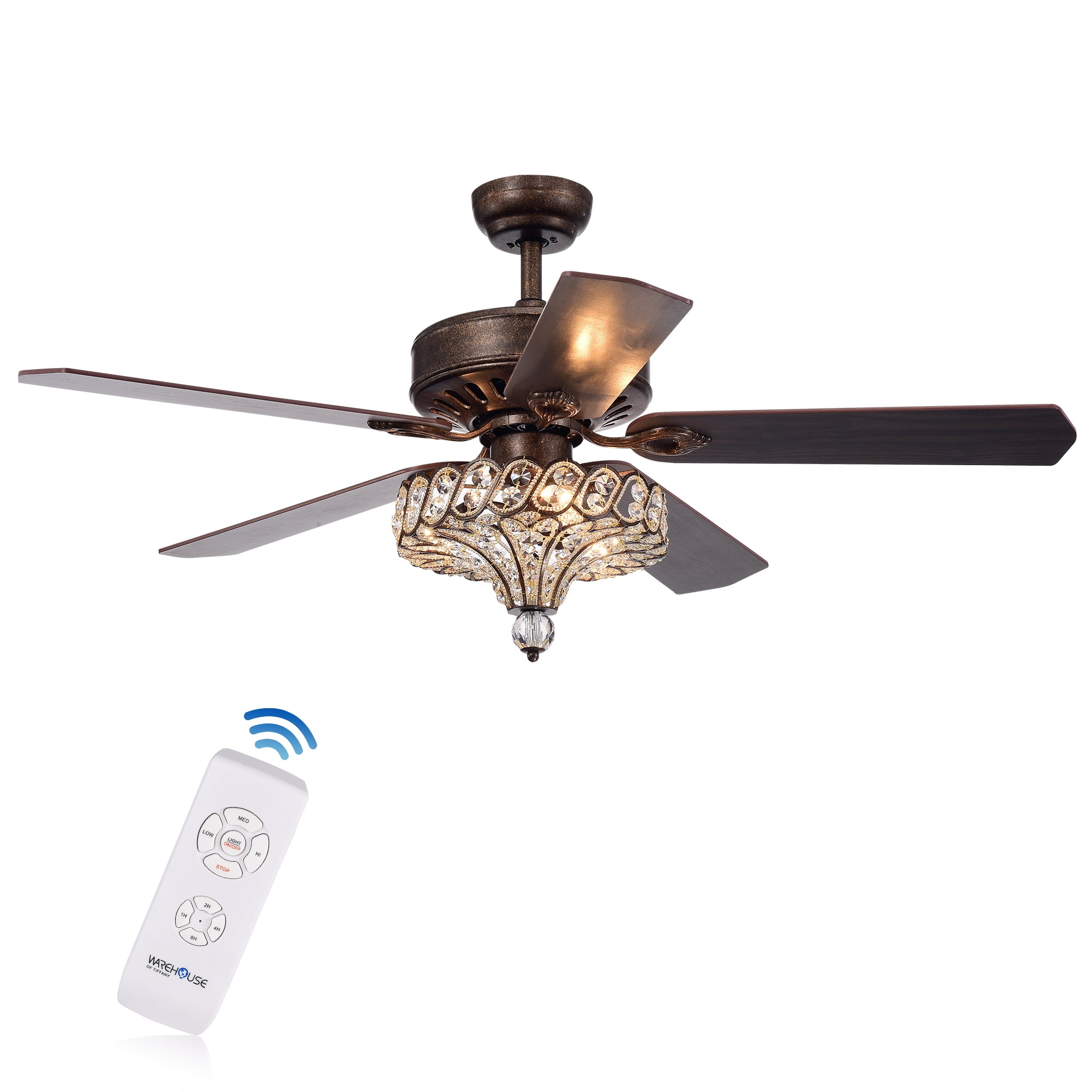 Pilette 5-Blade Antique Speckled Bronze Lighted Ceiling Fan w Crystal Shade Optional Remote Control (incl 2 Color Choice Blades)