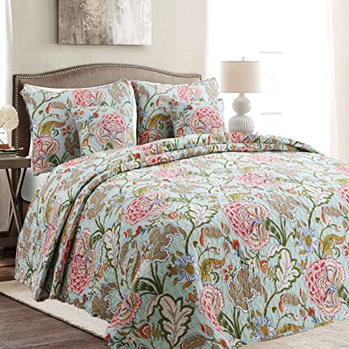 Cozy Line Home Fashions Courtepointe Réversible en Coton 100 % à Motif Floral Rouge et Blanc en Floraison, Ensemble de Literie Couvre-Lit (Vert Camellia, Grand Lit - 3 Pcs)