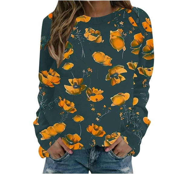 Enjoytime Womens Plus Size Tops Floral Printed Long Sleeve Pullover Sweatshirts Fall Loose Fashion Clothing with Pocket