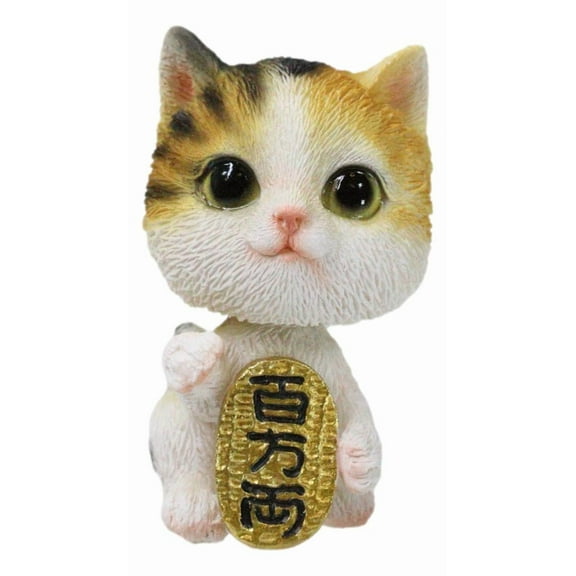 Japanese Fortune Charm Maneki Neko Calico Beckoning Cat Bobblehead Figurine