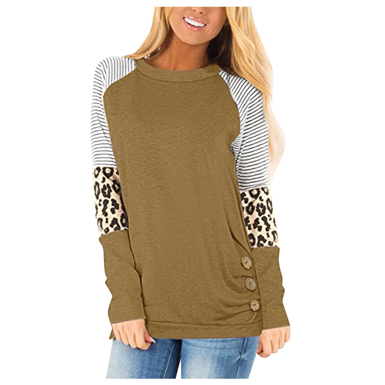 Stripe Print Tops for Women Long Sleeve Crew Neck Cheetah Print Autumn Winter Patchwork Sweatshirt Blouse 