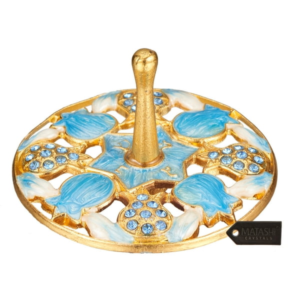 Matashi Hand-Painted Blue Pomegranate Spinning Dreidel Holiday Ornaments (Pewter) Elegant Jewish Decor, Hanging Decoration for Family or Personal Use