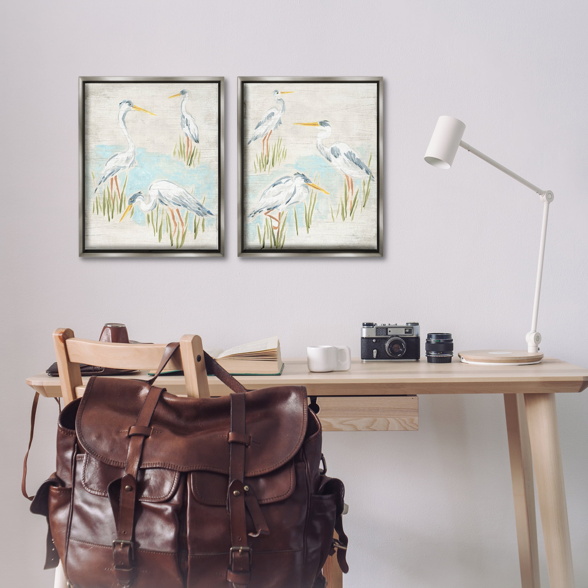 Stupell Industries Cranes in Marsh Pond Animals Painting Gray Floater Framed Canvas Art Print Wall Art, 17 x 21, Set of 2