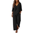 thumbnail image 2 of Ynynloco Cotton Linen Two Piece Sets for Women Summer Fall Outfits Lounge Sets V Neck Tops Wide Leg Pants Woman Vacation Travel Outfits, 2 of 5