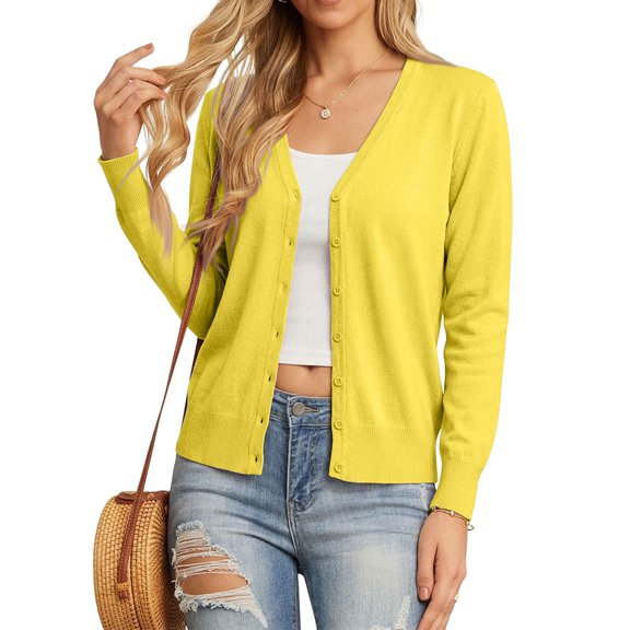 Domzest Button Front Cardigan for Women Lightweight Long Sleeve V Neck Knitwear Soft Basic Knit Cardigan Sweater Fluorescence Yellow S
