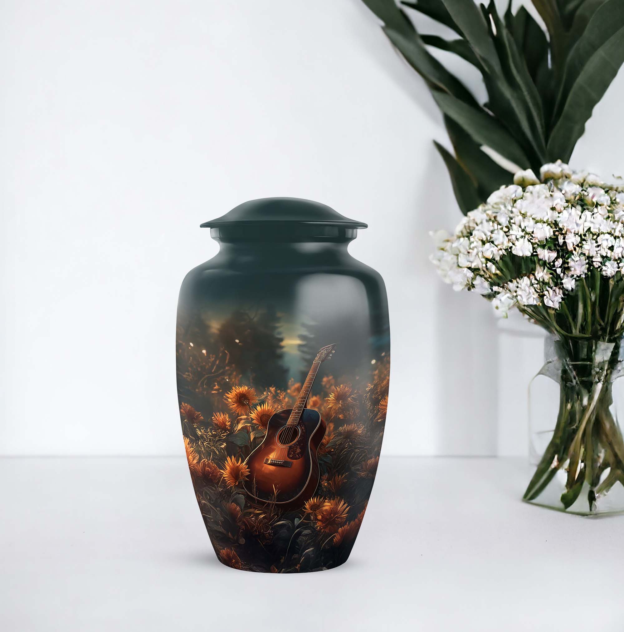 Guitar Funeral Urns For Human Ashes Adult Mom And Dad - Green Cremation Urn For Human Ashes Adult Female And Male - Sunflower Keepsake Urns For Grandmother 10 Inch, 1 Large & Mini Set 4, 3 Inch