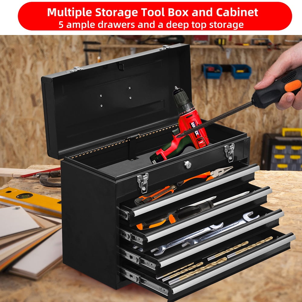 Metal Tool Box with 4 Drawers Portable Steel Tool Chest with Metal Cylinder Lock and Latch Closure, Liner, Powder coating, suitable for Garage, Warehouse and Outdoor Repair job-Black