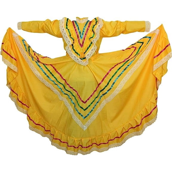 Girls Jalisco Dress Wide Skirt Folklorico 5 De Mayo Fiesta Dance Small Yellow