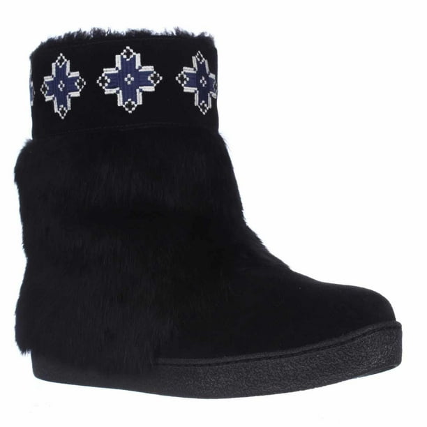 Womens Tory Burch Lafayette Embroidered Fur Booties - Black/Black/Black - Womens Tory Burch Lafayette Embroidered Fur Booties - Black/Black/Black -