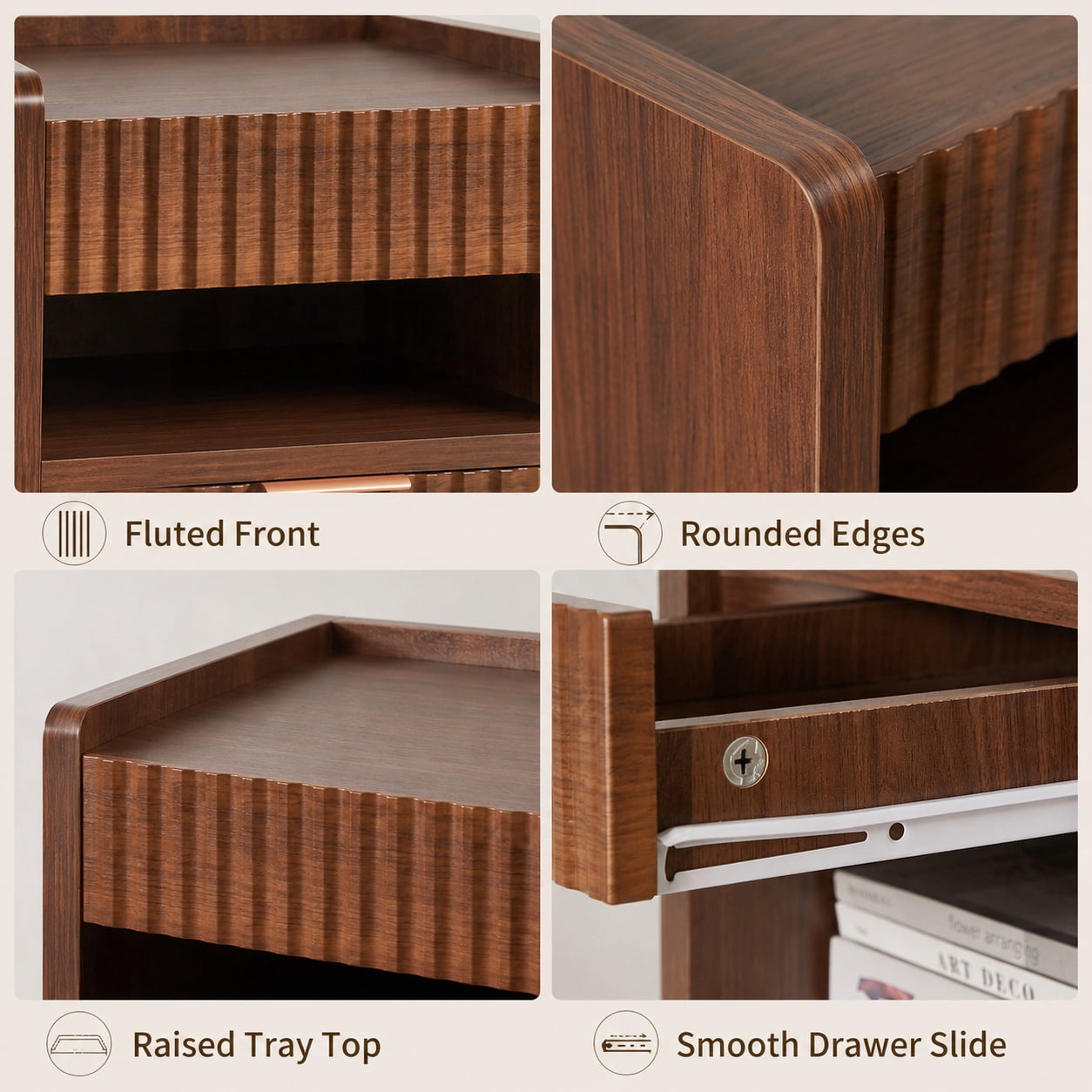 Aukfa Fluted Nightstands Set of 2,Bedside Tables End Tables with Drawer for Bedroom,Walnut
