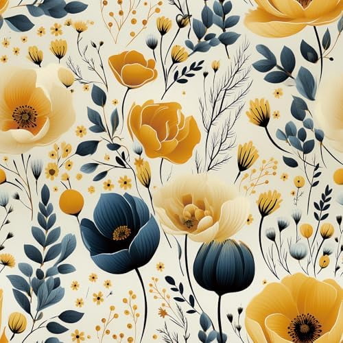 Floral Wallpaper Peel and Stick Vintage Wildflower Navy Blue and Yellow Garden Floral Wall Paper Self Adhesive 17.5x78.8 Fall Poppy Flower Contact Paper for Cabinets Drawers Shelf Liner